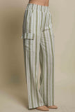 Green Stripe Linen Cargo Pants