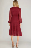 Wine Sheer Ruffled Dress