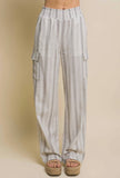 Grey Stripe Linen Cargo Pants