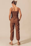 Brown Shirred Tie Jumpsuit