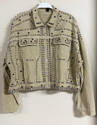 Beige Studded Denim Jacket