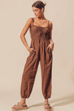 Brown Shirred Tie Jumpsuit