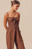 Brown Shirred Tie Jumpsuit