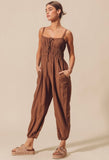 Brown Shirred Tie Jumpsuit