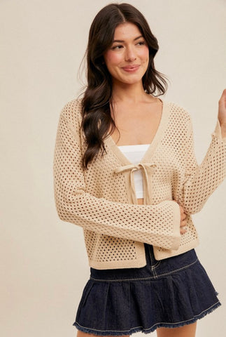 Cream Crochet Tie Cardigan