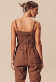 Brown Shirred Tie Jumpsuit