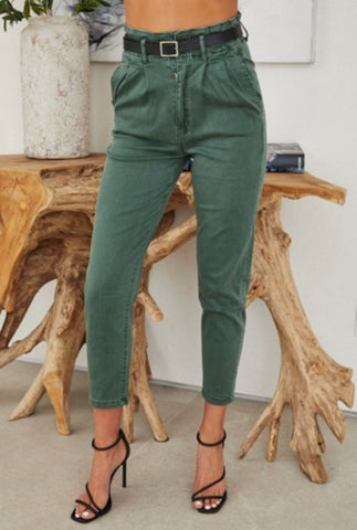 Army Green Paperbag Belted Jeans