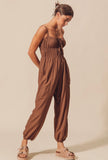 Brown Shirred Tie Jumpsuit