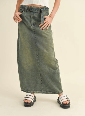 Denim Belted Maxi Skirt